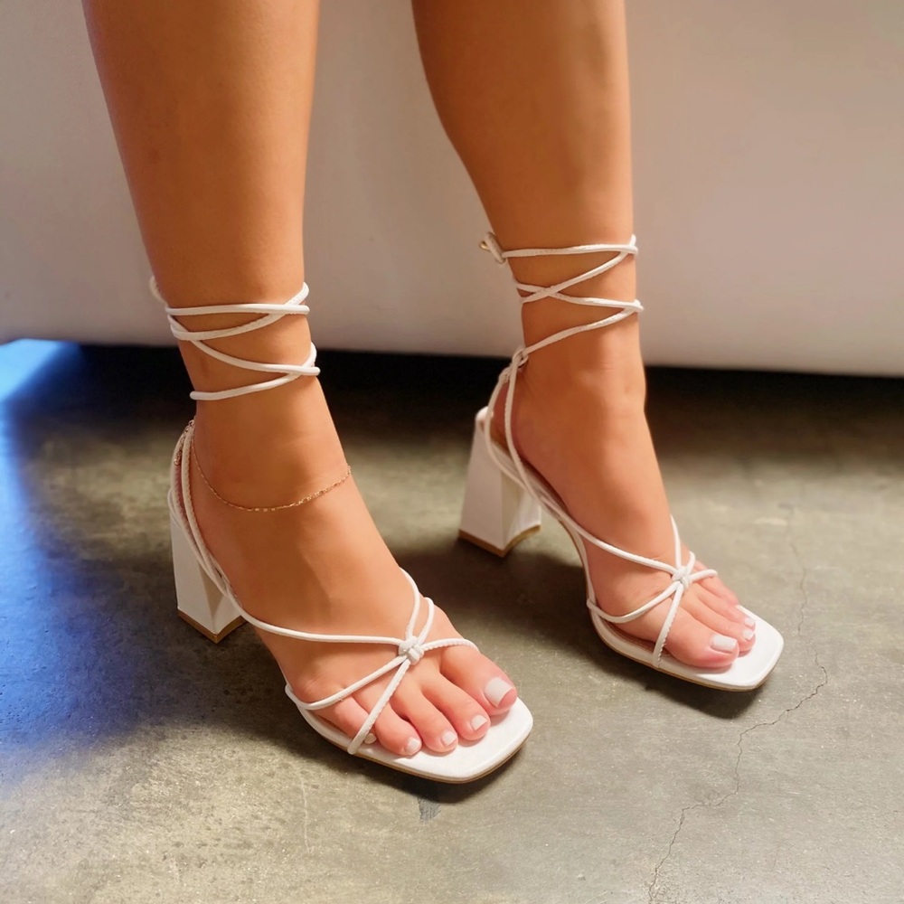 White Lace Up Low Block Heel Sandals